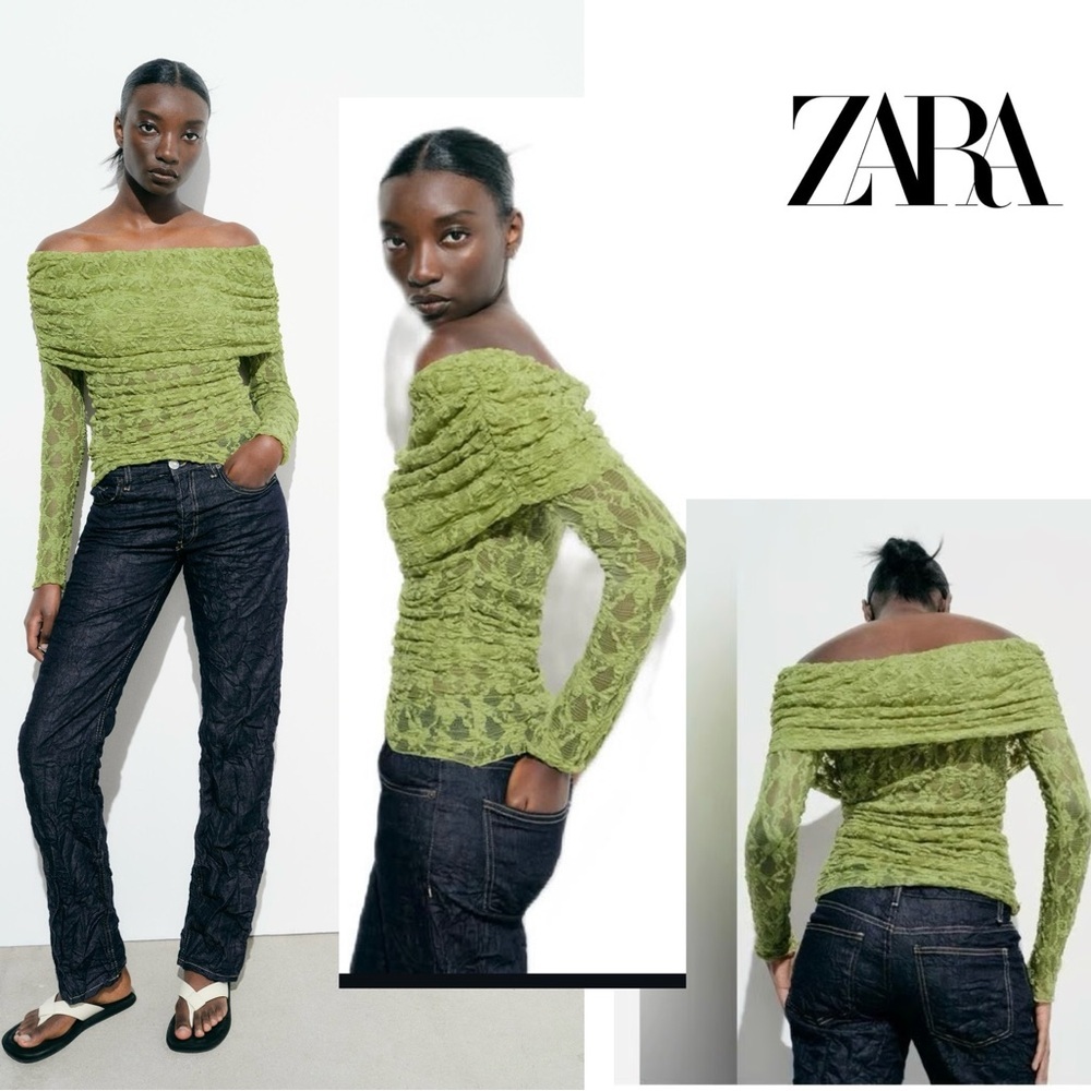 Zara Green lace long sleeve off the shoulder fitted top blouse Sz M NWOT stretch